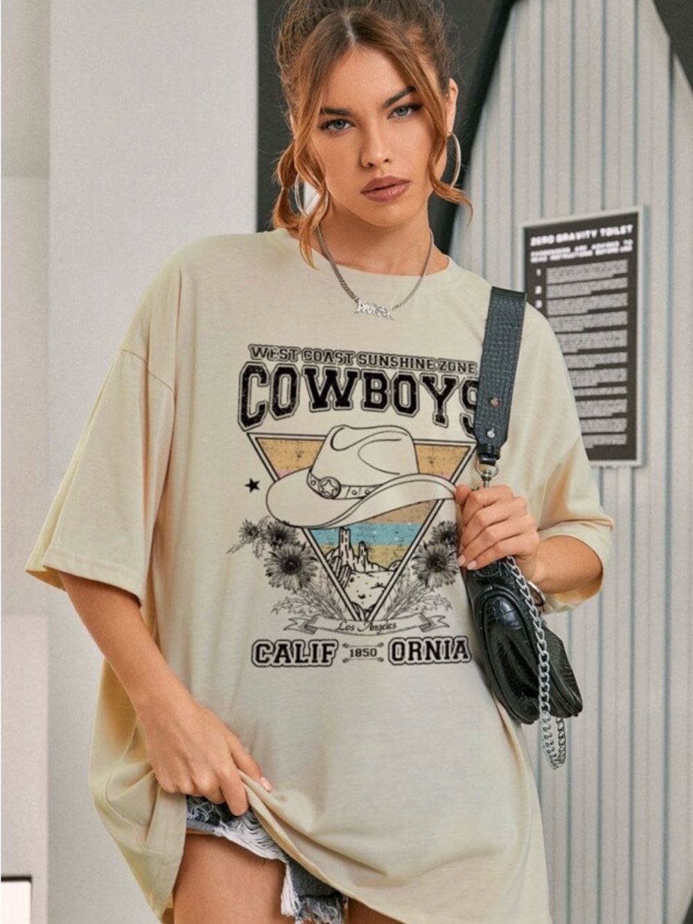 SHEIN Beige Graphic 'Cowboys' Short Sleeve Tee